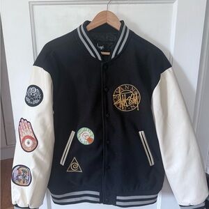 Stussy Black and Gray Varsity Jacket with White Leather Sleeves